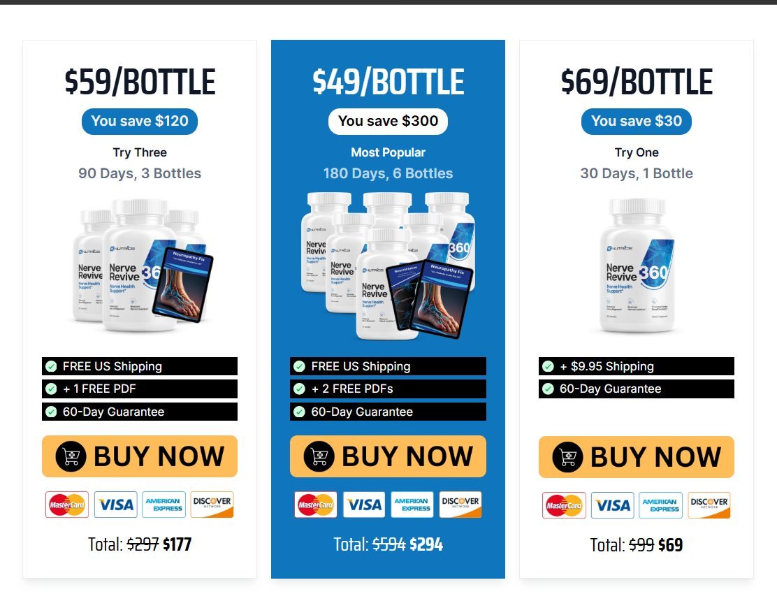 Nerve Revive 360 official order options with supplement package pricing, bonus details, secure checkout, and 60-day guarantee