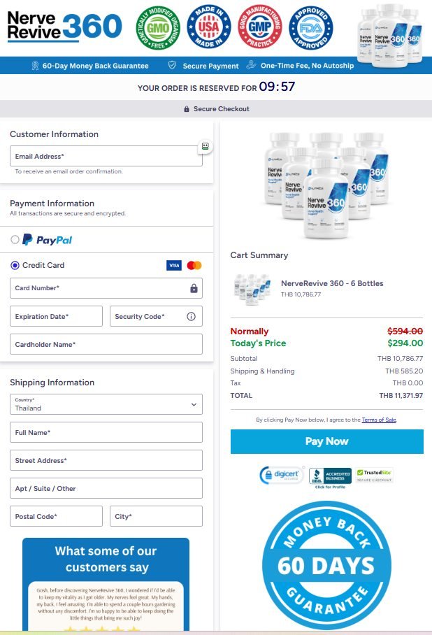 Nerve Revive 360 secure checkout page showing package options, guarantee information and protected ordering